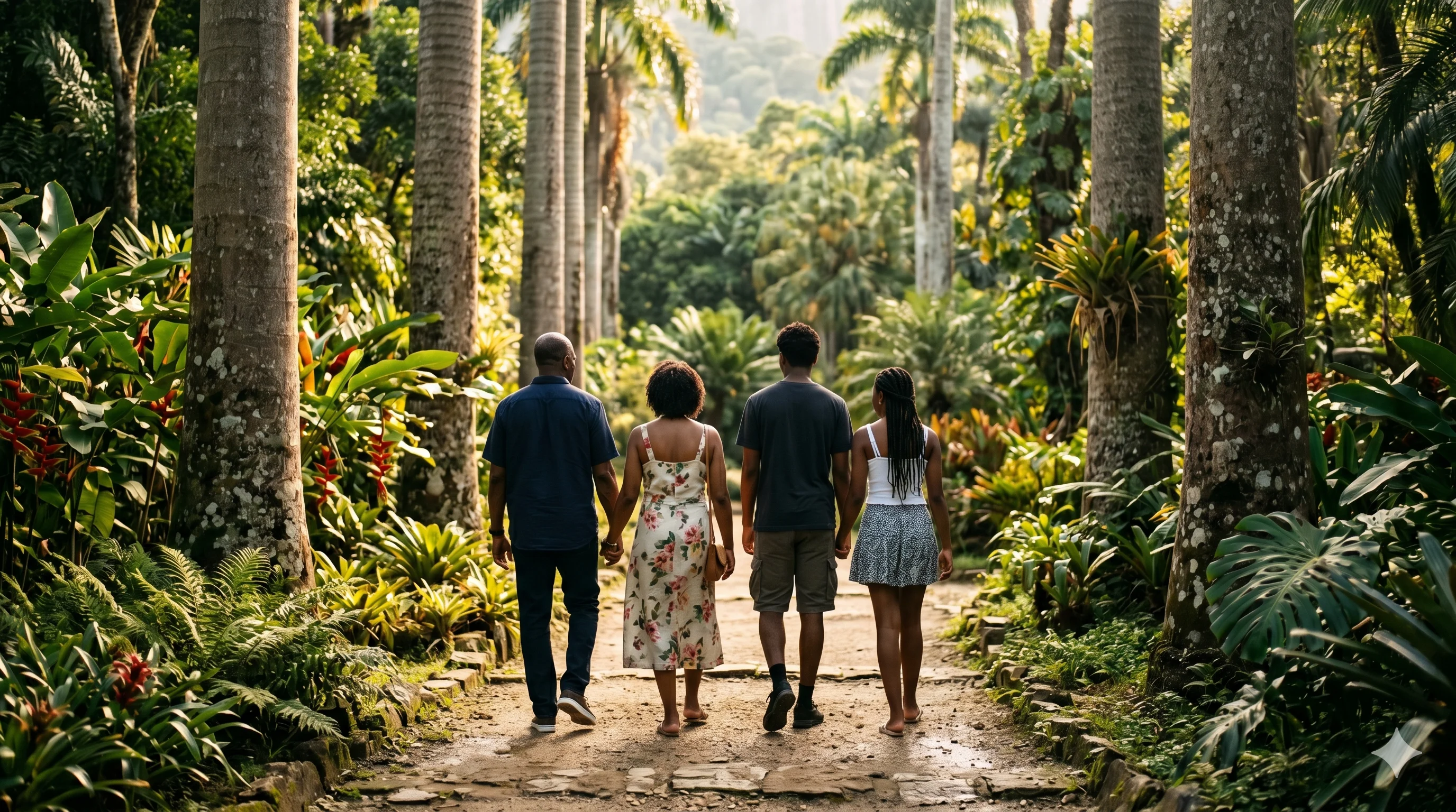 Family walking through Jardim Botanico, Rio de Janeiro