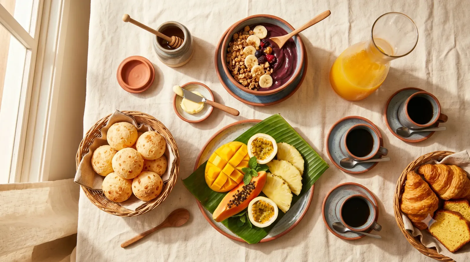 Arthur's morning breakfast spread with tropical fruits