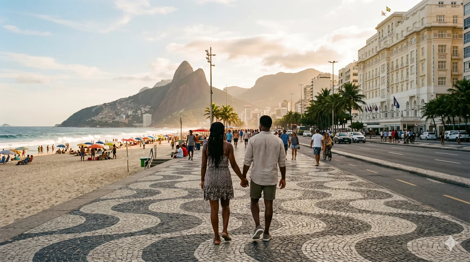 Couple walking the Copacabana calçadão at sunset, Dois Irmãos in the distance