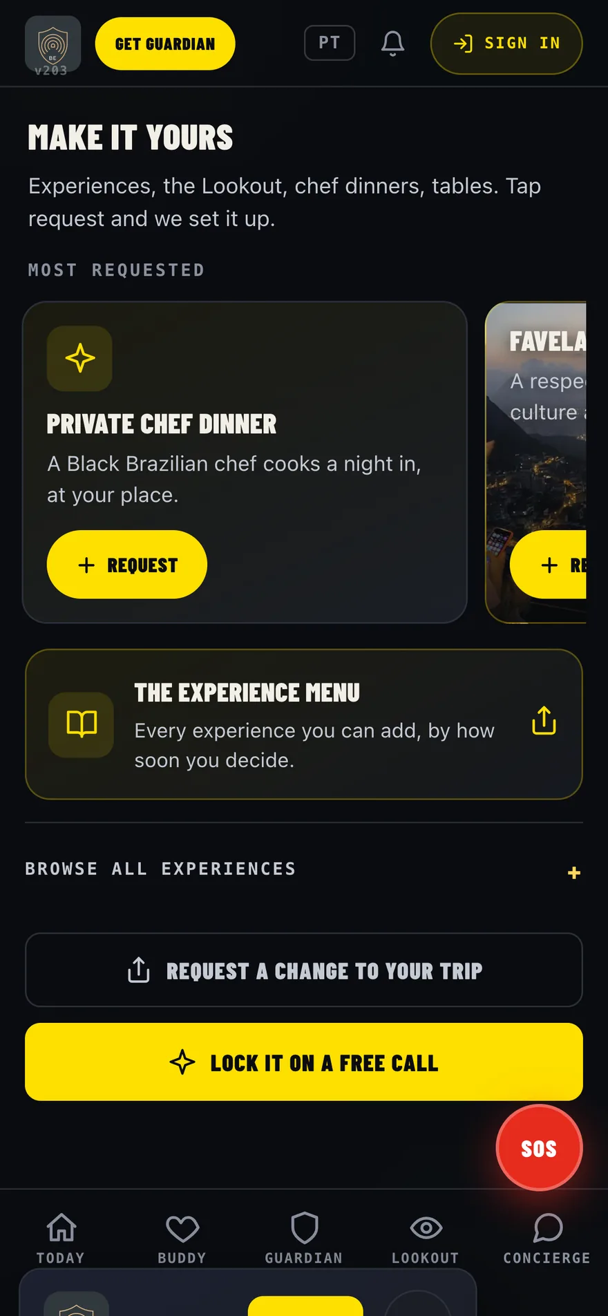 A tela de extras: jantar com chef privado, o menu de experiências e botões de pedido