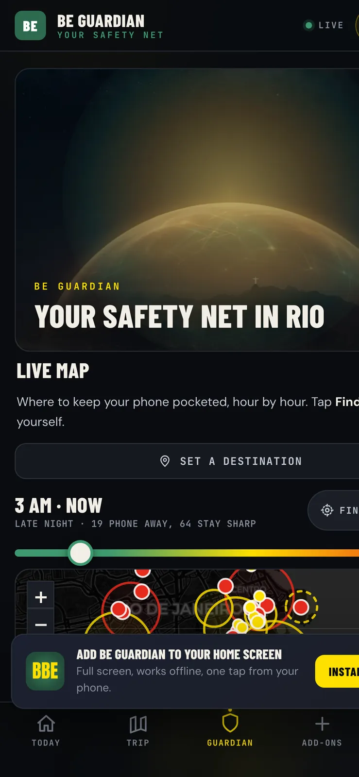 O app B.E Guardian mostrando o mapa de segurança do Rio hora a hora: onde guardar o celular, SOS em um toque e alertas de zona vermelha