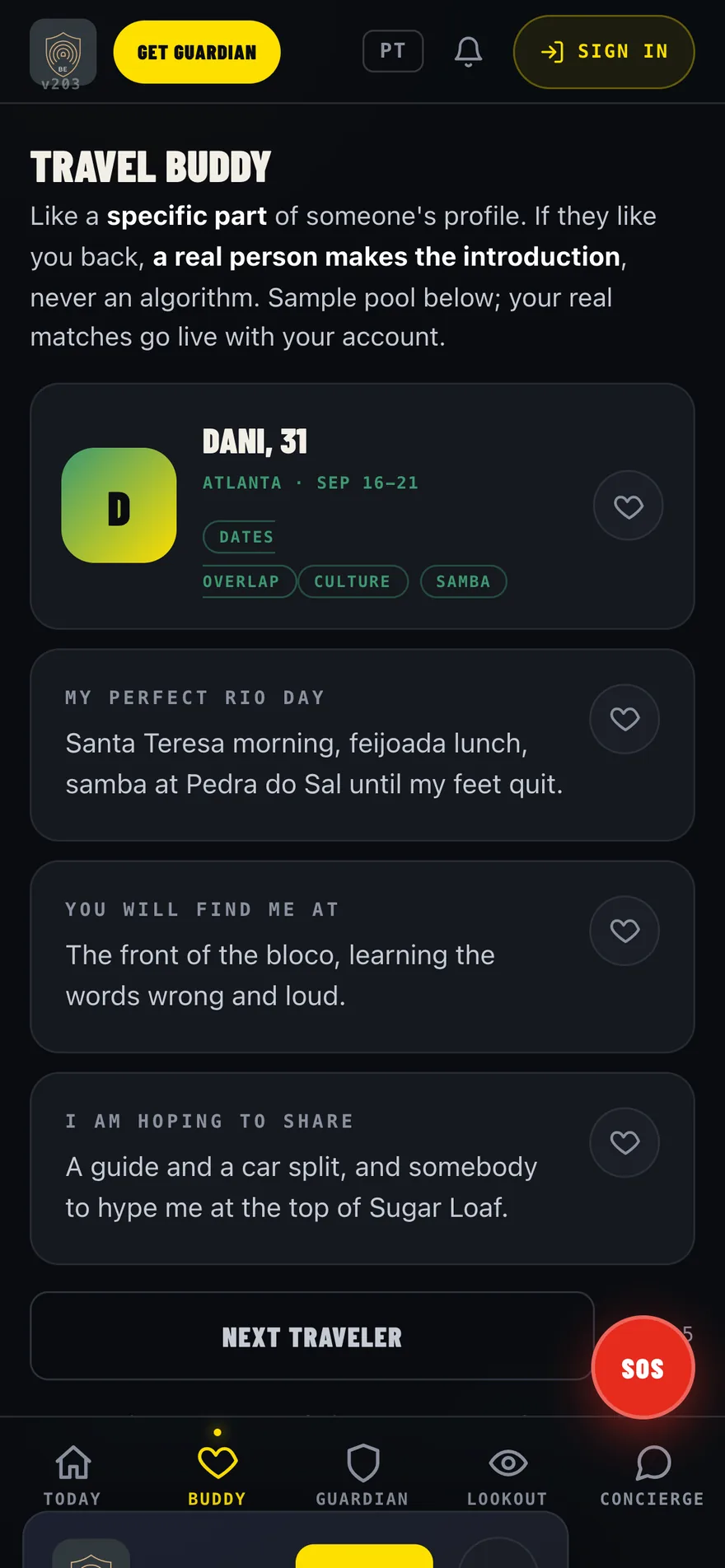 Cartões de perfil do Travel Buddy com prompts e botão de curtir