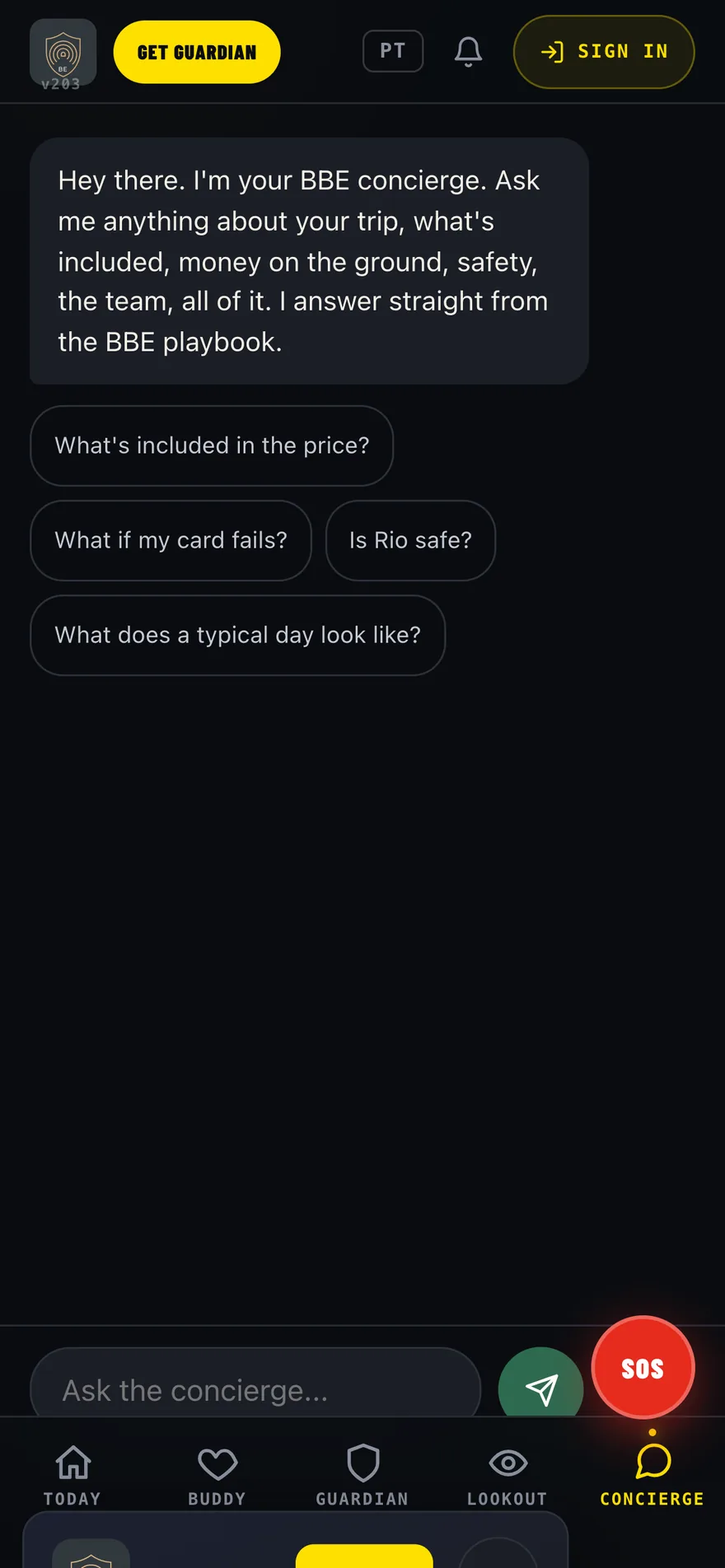 O chat do concierge respondendo perguntas da viagem com sugestões
