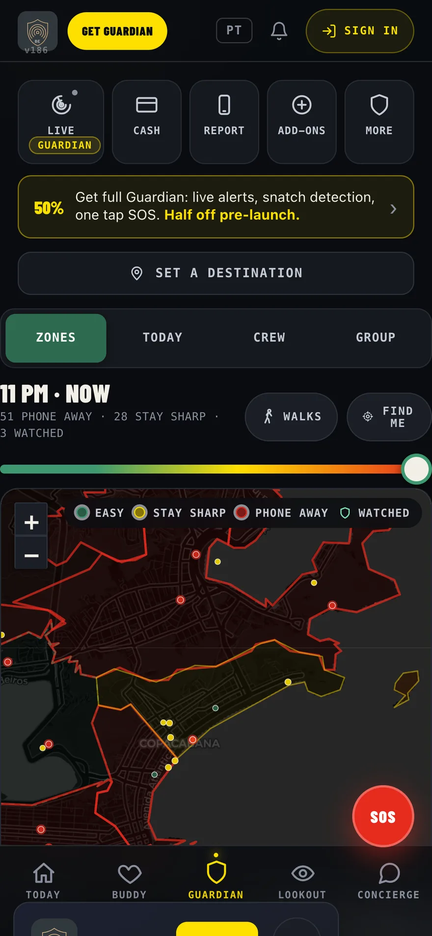 The live B.E Guardian map of Rio at 11 PM with hour-aware zones and phone-away counts