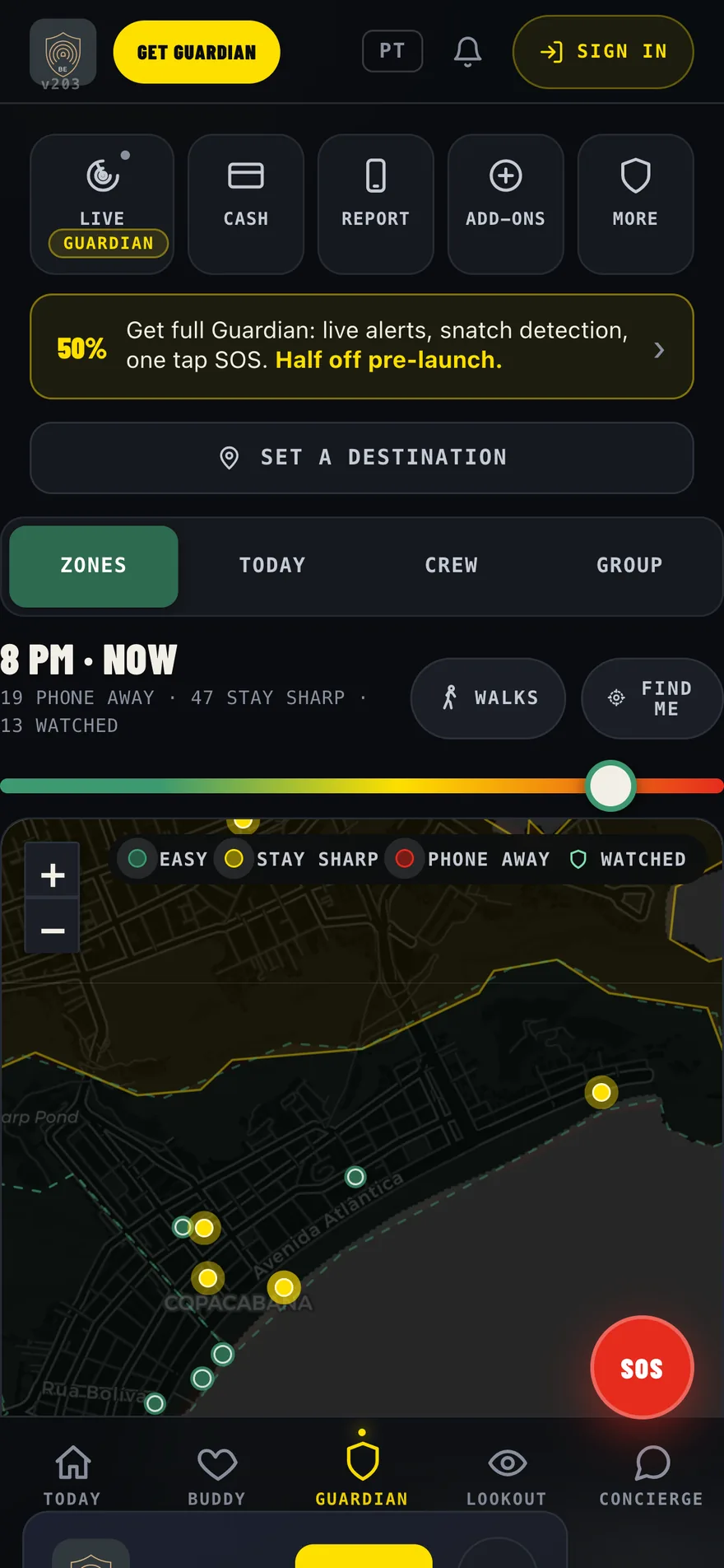 O mapa ao vivo do B.E Guardian no Rio às 23h, com zonas por hora e contagens de celular guardado