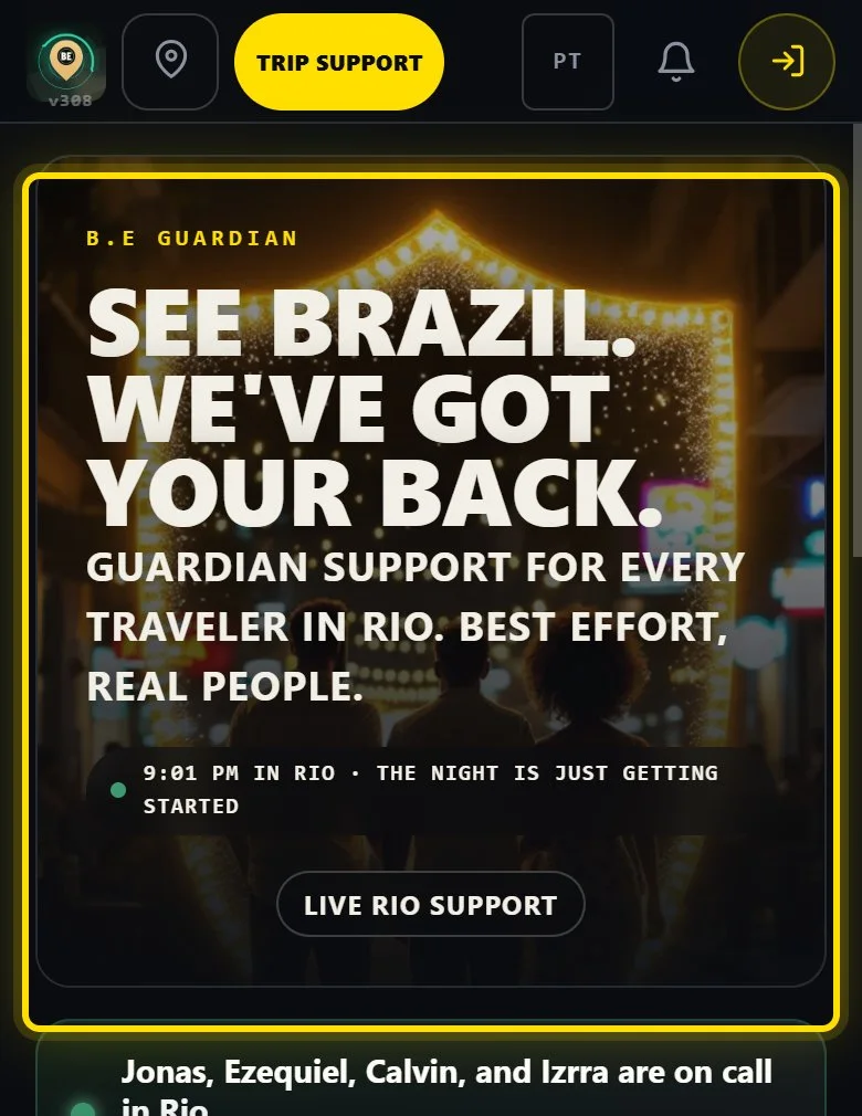 B.E Guardian web app home screen with Rio safety tools and SOS support