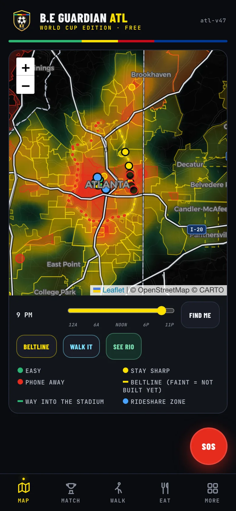 Mapa de segurança B.E Guardian ATL com o BeltLine completo brilhando