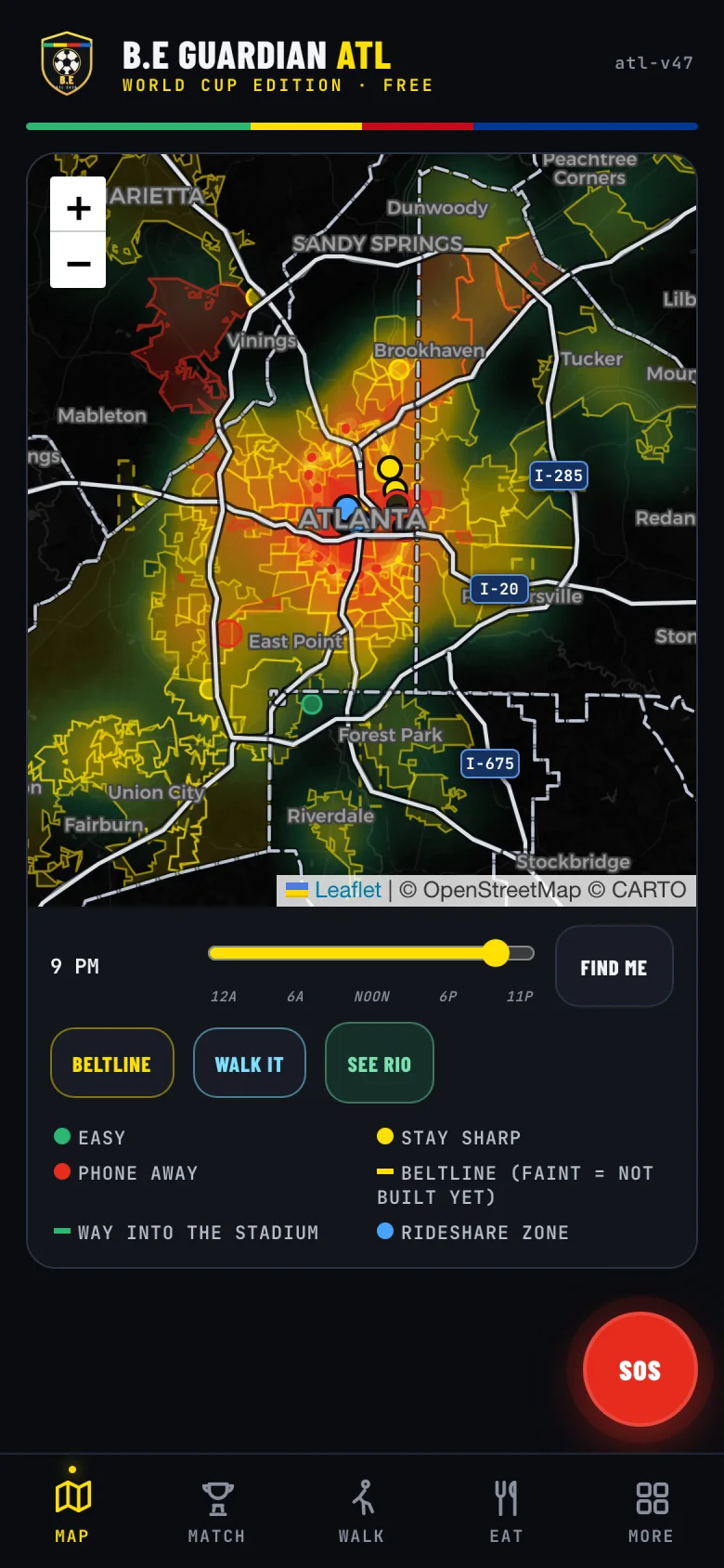The whole metro covered: Sandy Springs, Decatur, East Point and College Park on the same hour-by-hour model, interstates and BeltLine drawn in