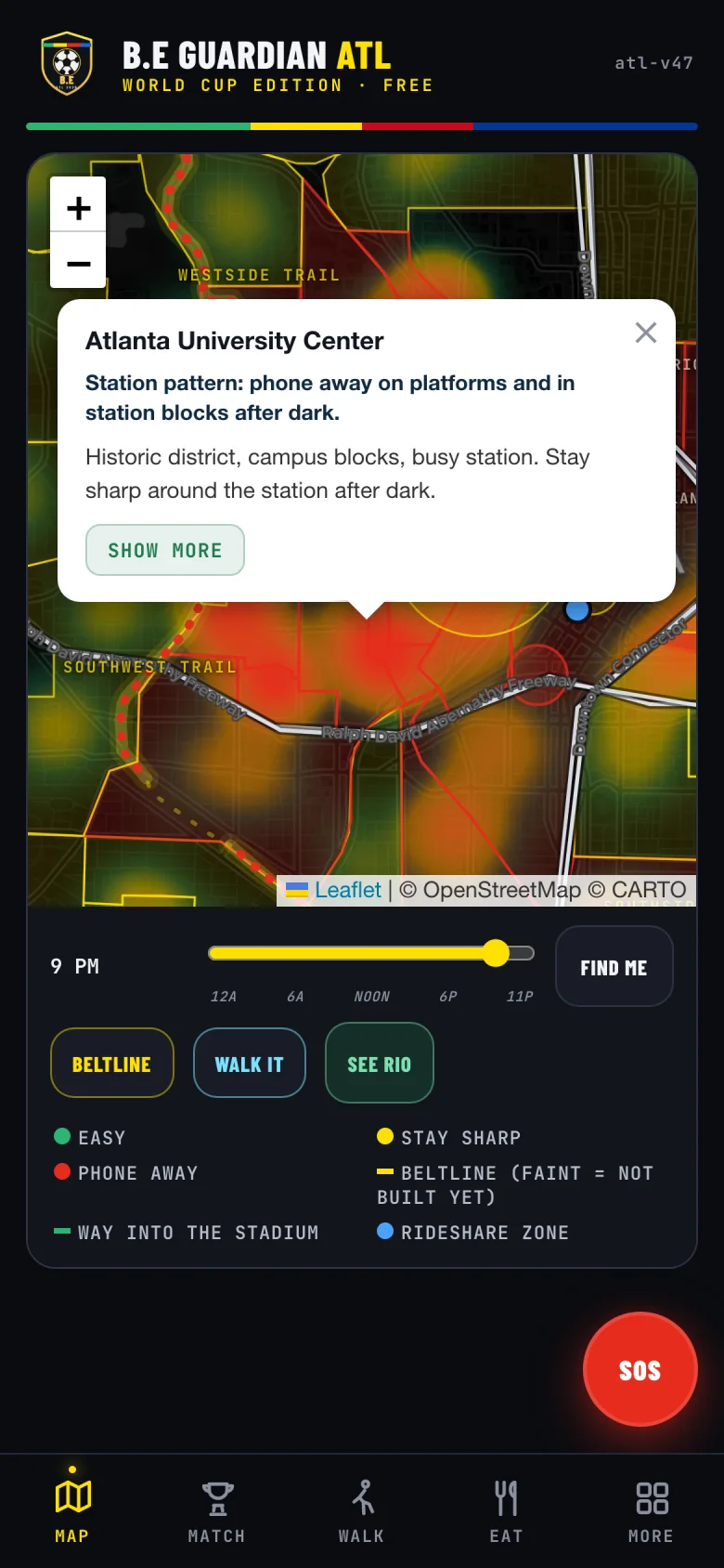 Tap any block for the read: the safety pattern for that area, the live light for the hour, and the local note, here at the Atlanta University Center