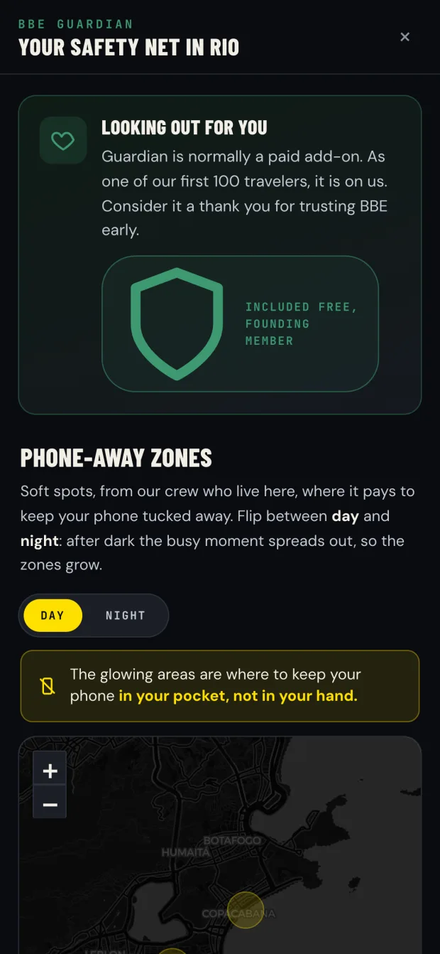 The B.E Guardian app showing a live safety map of Rio de Janeiro