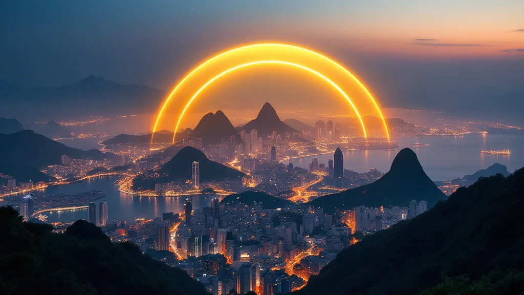 A glowing golden protective dome of light over the Rio de Janeiro skyline at dusk, the Guardian safety net over the city