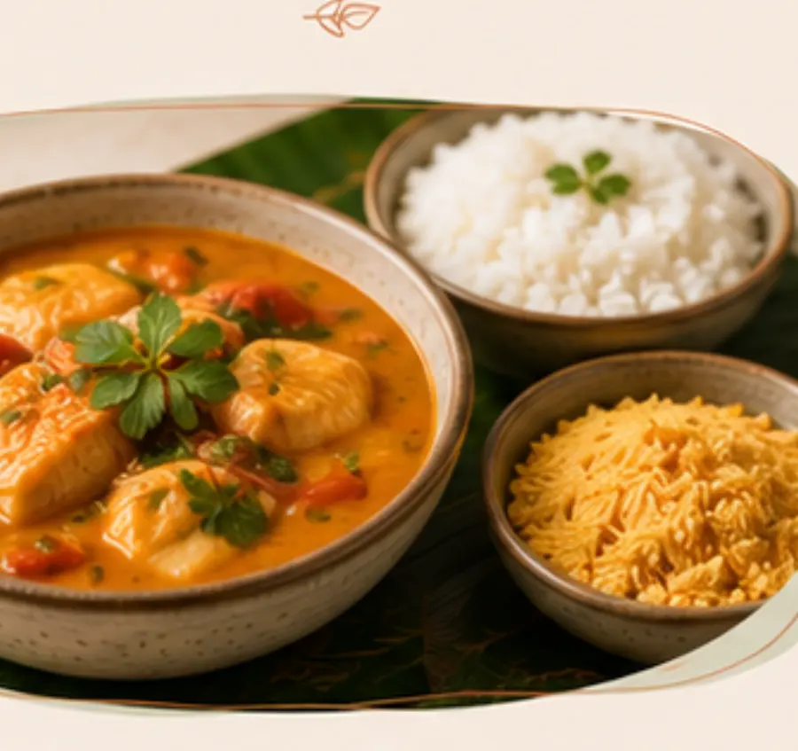 A seafood main course in a warm serving dish