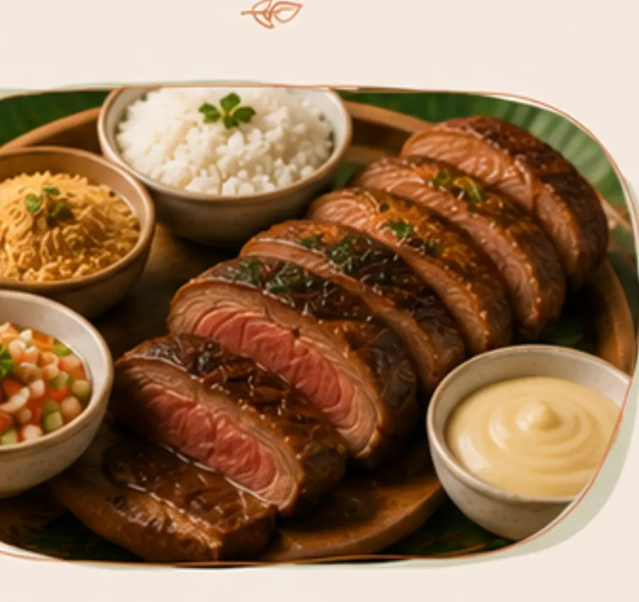 A plated grilled main course with accompaniments