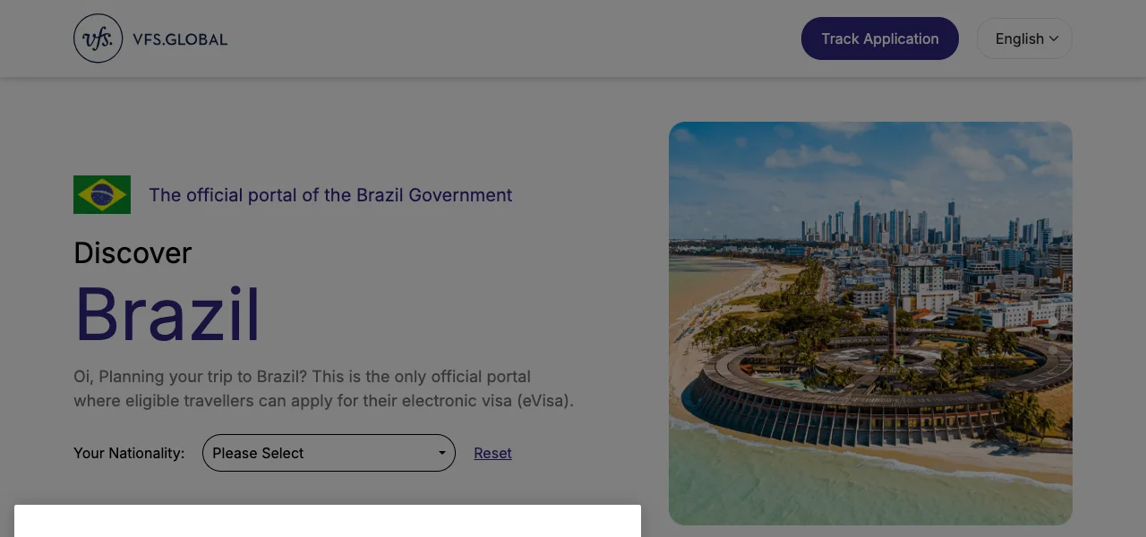 The official Brazil eVisa portal homepage, showing the VFS Global header and the words The official portal of the Brazil Government
